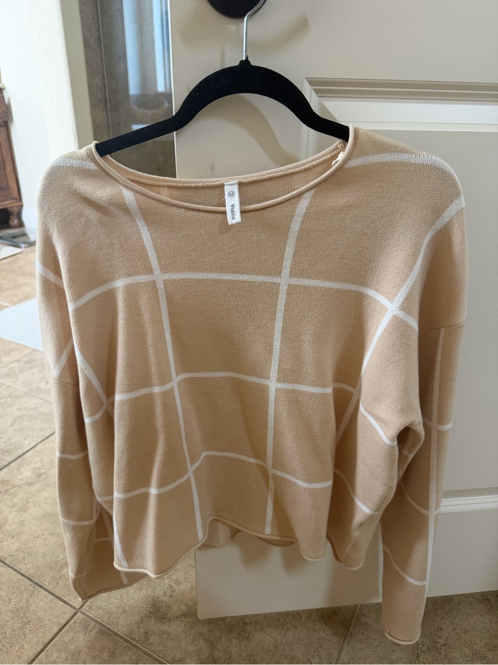 Wishlist Beige Crewneck Sweater with Cream Windowpane